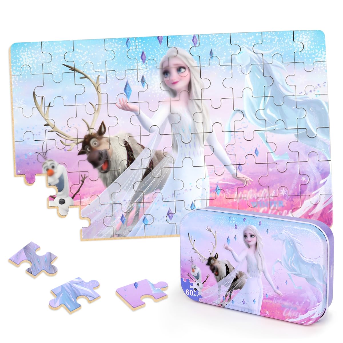 Photo 1 of Puzzles for Kids Ages 4-8,Kid Puzzls in a Metal Box,Winter Princess Snowman Deer Horse Small Puzles,Kids Boys Girls Learning Educational Puzzes Packed in Tin Box,60 Pieces