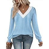 Yousify Women V Neck Striped Shirt Puff Ruffle Trim Long Sleeve Tunics Fall Basic Work Tops Casual Fleece Thermal Shirts