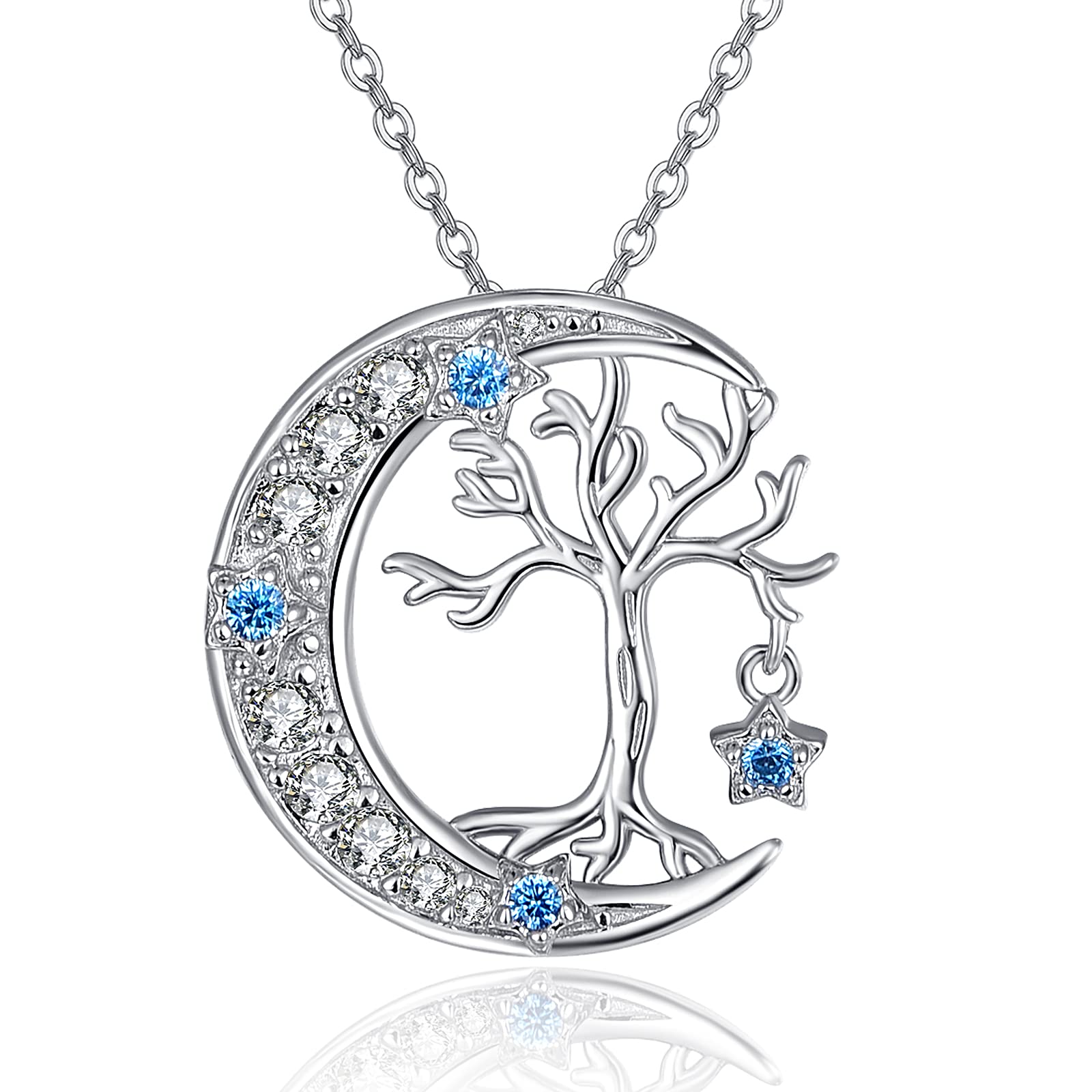 TANGPOET Moon Star Necklaces Tree of Life Necklace 925 Sterling Silver Family Tree Pendant Cubic Zirconia Pendant for Women Men Girlfriend Wife Daughter Jewellery Gift