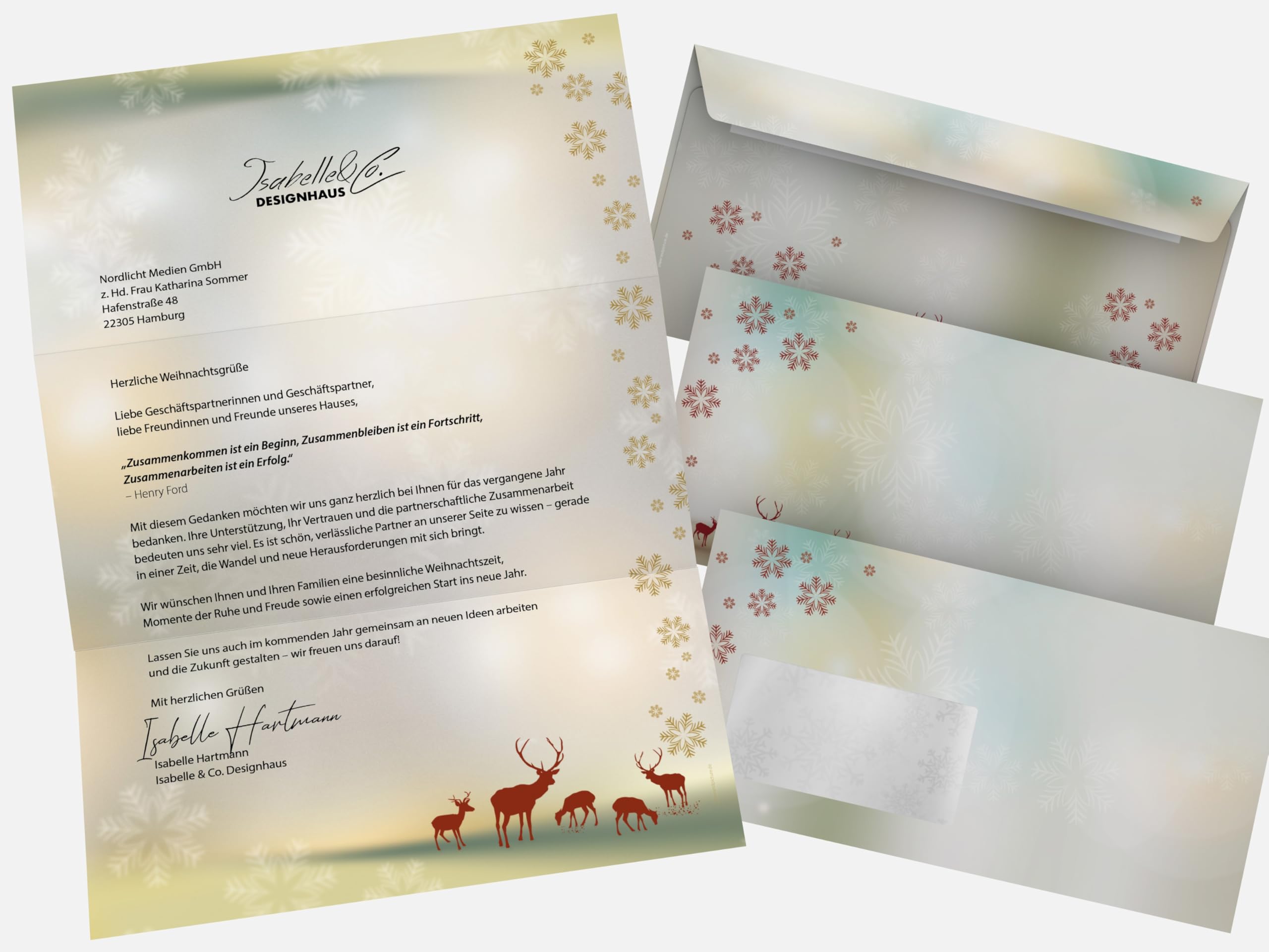 Rentiere, 50 Blatt hochwertiges Weihnachtsbriefpapier 100g/qm und 50 passende Fensterumschläge