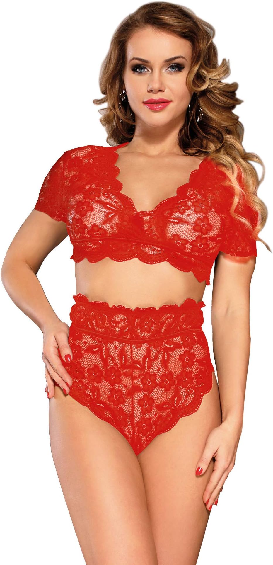 ohyeahladyWomen's Stretchy Lace Lingerie Set 2 Piece Bra and High Waisted Panties Set Sexy Plus Size Babydoll Underwear,UK 8-22