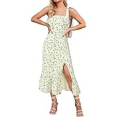 Newshows Womens 2025 Summer Beach Floral Midi Dress Spring Vacation Outfits Square Neck Ruffle Split Sundress