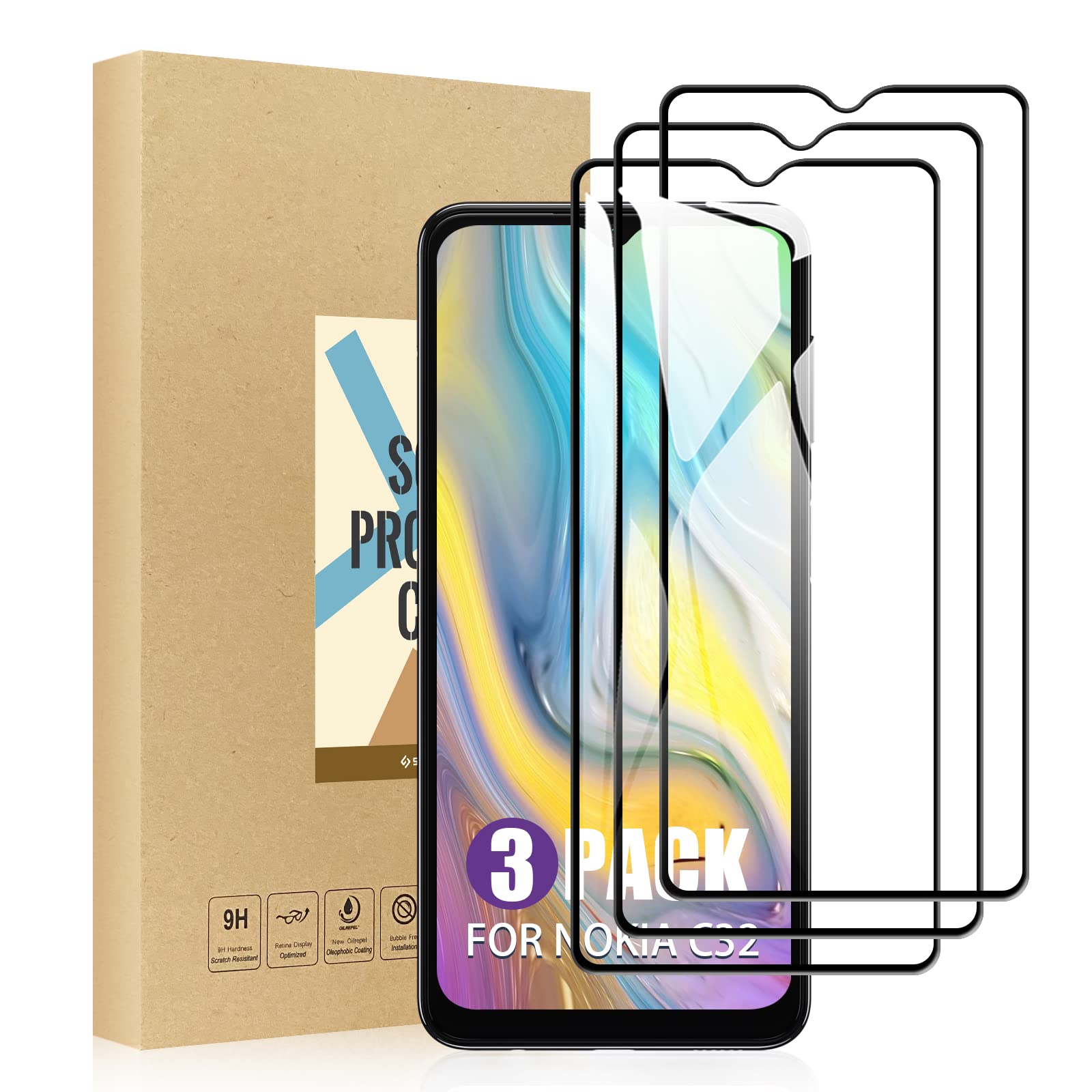SCL Screen Protector Compatible with Nokia C32 Screen Protector Nokia C32 Tempered Glass Film [3-Pack], [Full Coverage, Easy Installation, Bubble-free, 9H Hardness]