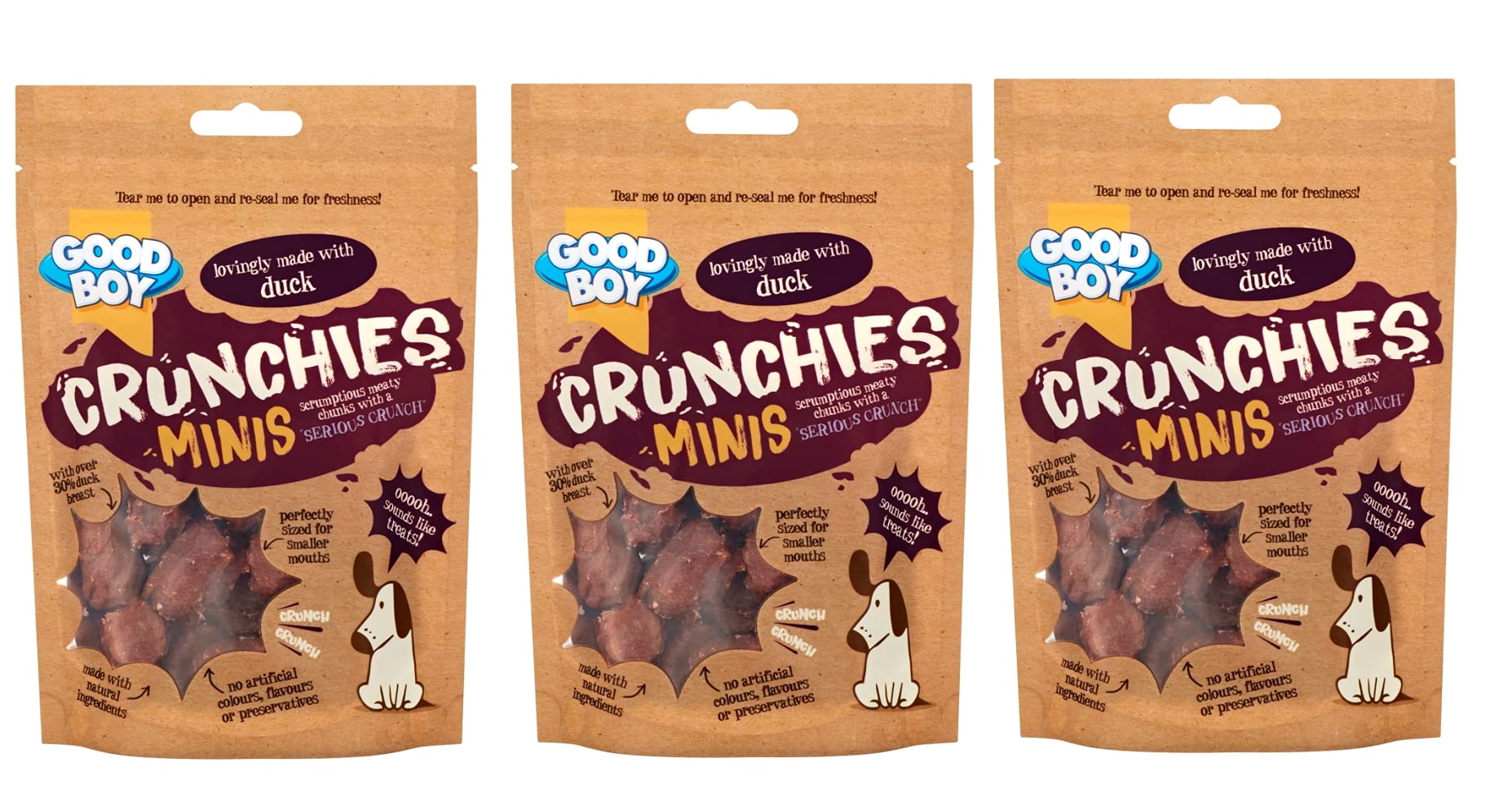 GOODBOY CRUNCHIES MINIS 'SERIOUS CRUNCH' SMALL BITE SIZE NATURAL MEATY CHUNKS DOG CHEW TREATS 60G, CHICKEN, DUCK (Duck, PACK OF 3)