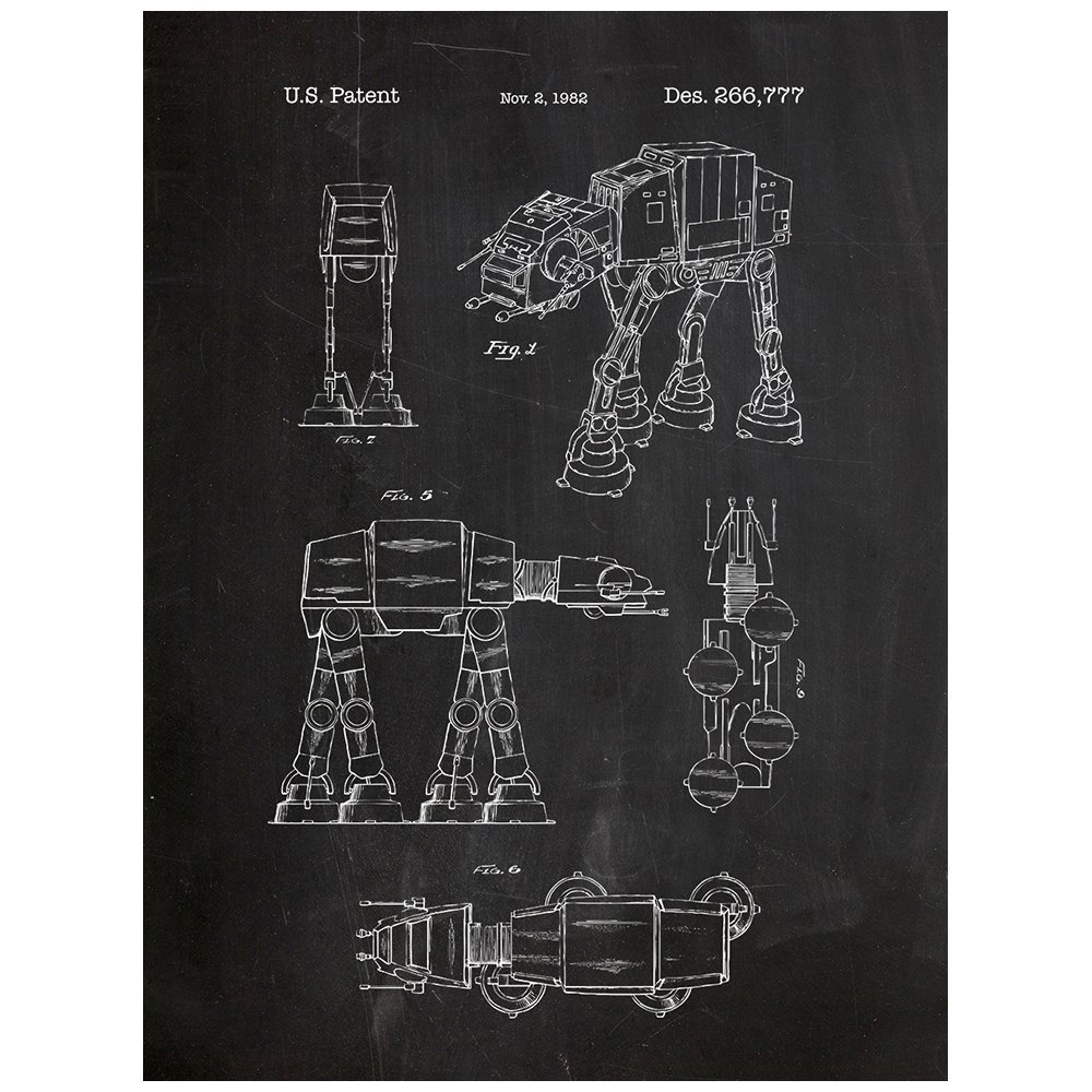 Inked and Screened Star Wars at-at Design Patent Art Poster Silk Screen Print, 18" W x 24" L, Chalkboard