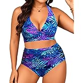 Yonique Womens Two Piece Plus Size Halter Bikini Swimsuits Tummy Control Bathing Suits High Waisted Swimwear