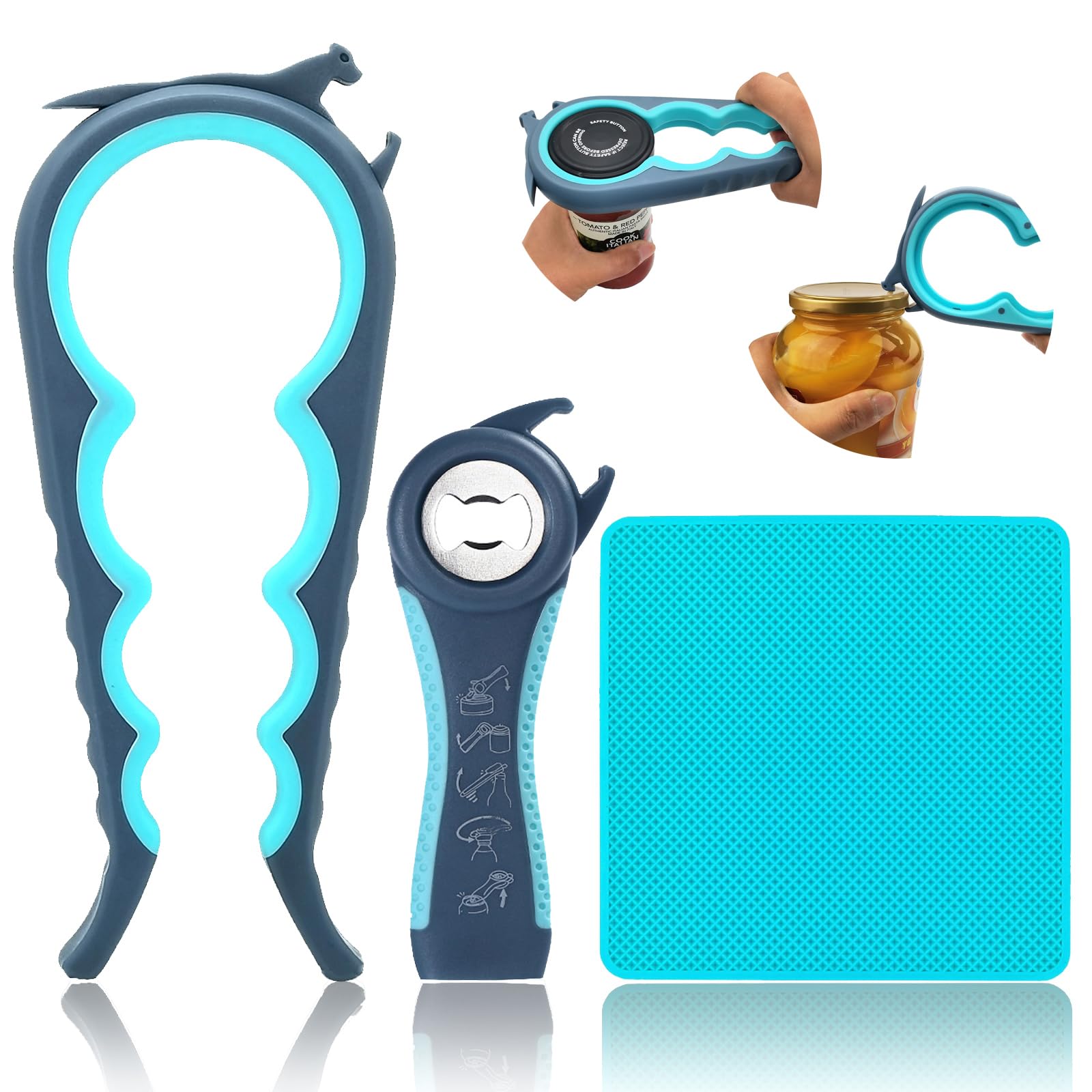 Otstar 6 in 1 Jar Opener 5 in 1 Bottle Opener with Rubber Jar Gripper Pad Ideal for Seniors with Arthritis Weak Hands and Children(Blue and Grey)