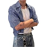 GORGLITTER Men's Gingham Cropped Shirt Short Sleeve Button Down Shirts
