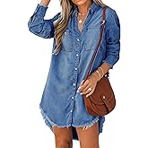 Flvsun Women's Denim Shirt Dresses Long Sleeve Denim Shirt Button Down Blouse Casual Tunic Tops