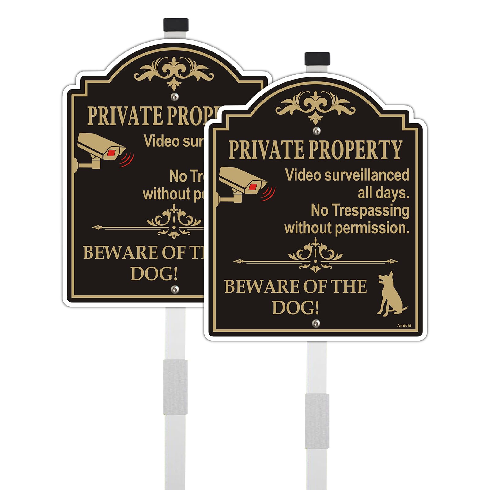 Andchi 2-pack Yard Signs Aluminium Surveillance Warning Sign Dog Sign Safety Signs with Alu Stakes and Accessories (Black, 24.6 * 29.6cm)