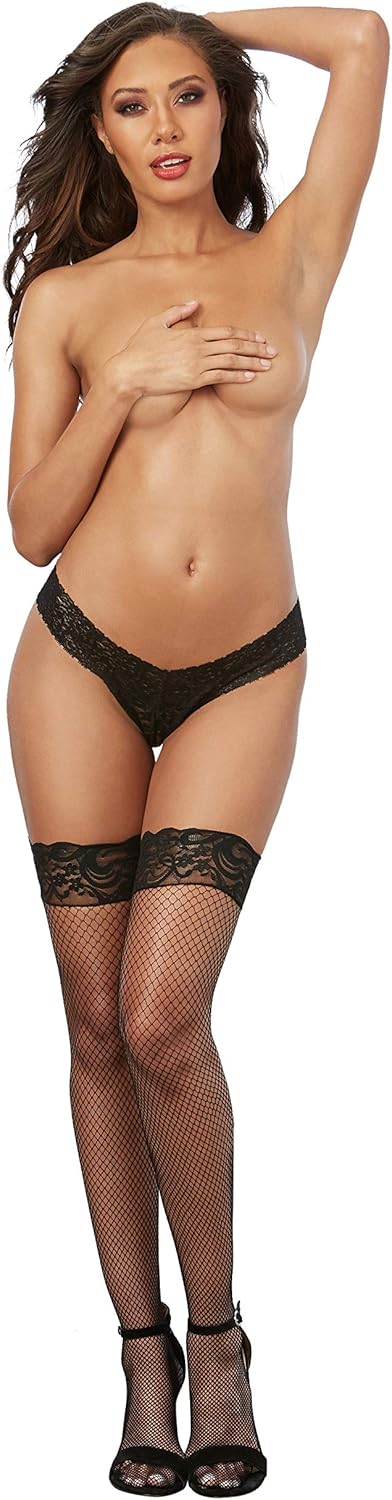 Dreamgirl Women's Fishnet Thigh-High Stockings with Silicone Lace Top, Black, One Size: Thigh High Stockings: Clothing