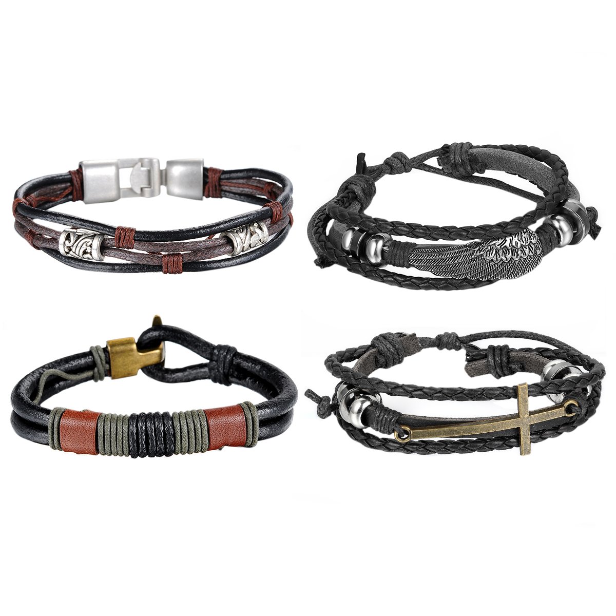 Cupimatch 4PCS Braided Tribal Cross Feather Wing Bracelet Leather Wristband Cuff