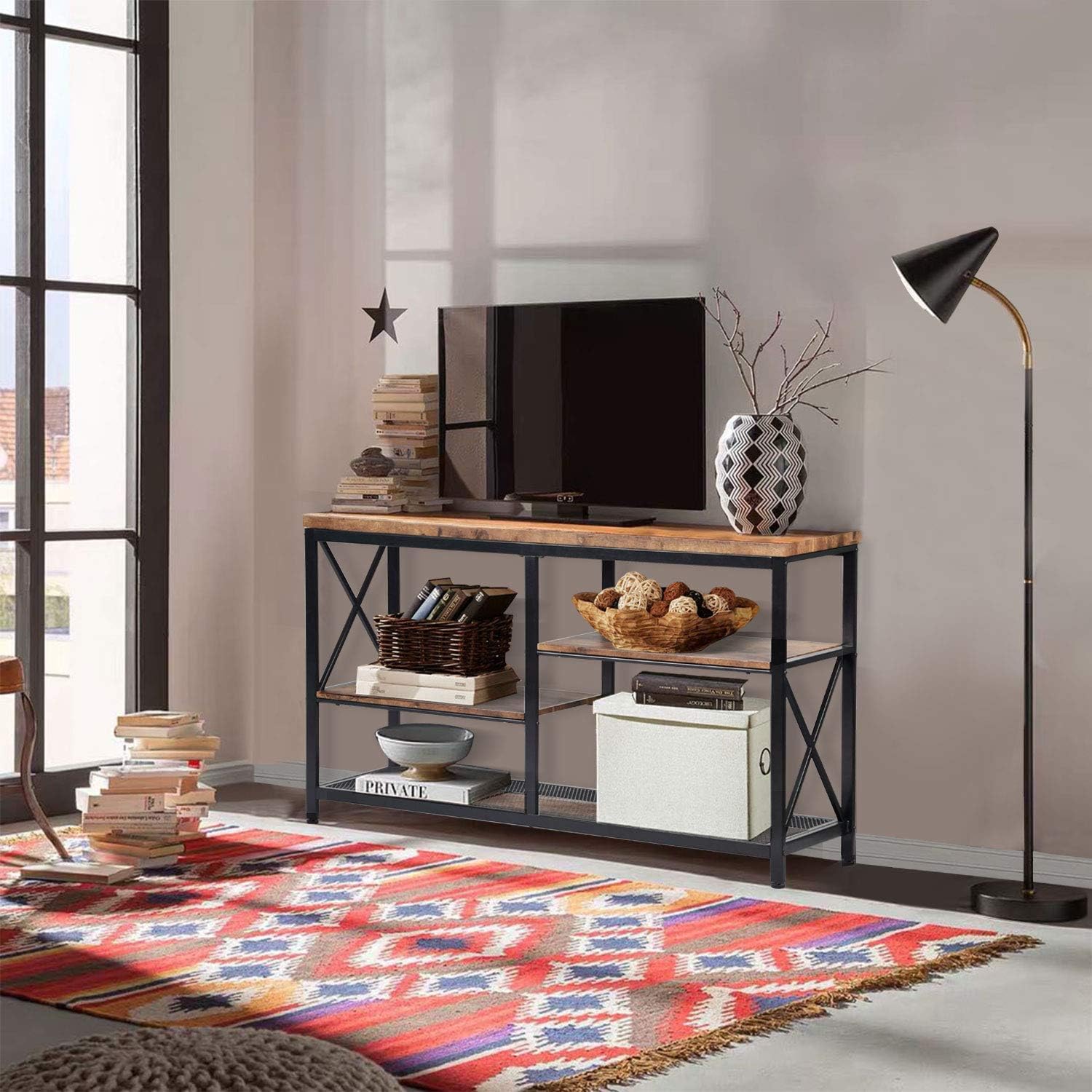 EdMaxwell Rustic Console Table, Industrial Sofa Table for Entryway, Hallway, Living Room, Behind The Couch, 51 Inch Long Table, 3-Tier X Design Narrow Entryway Table with Storage: Kitchen & Dining