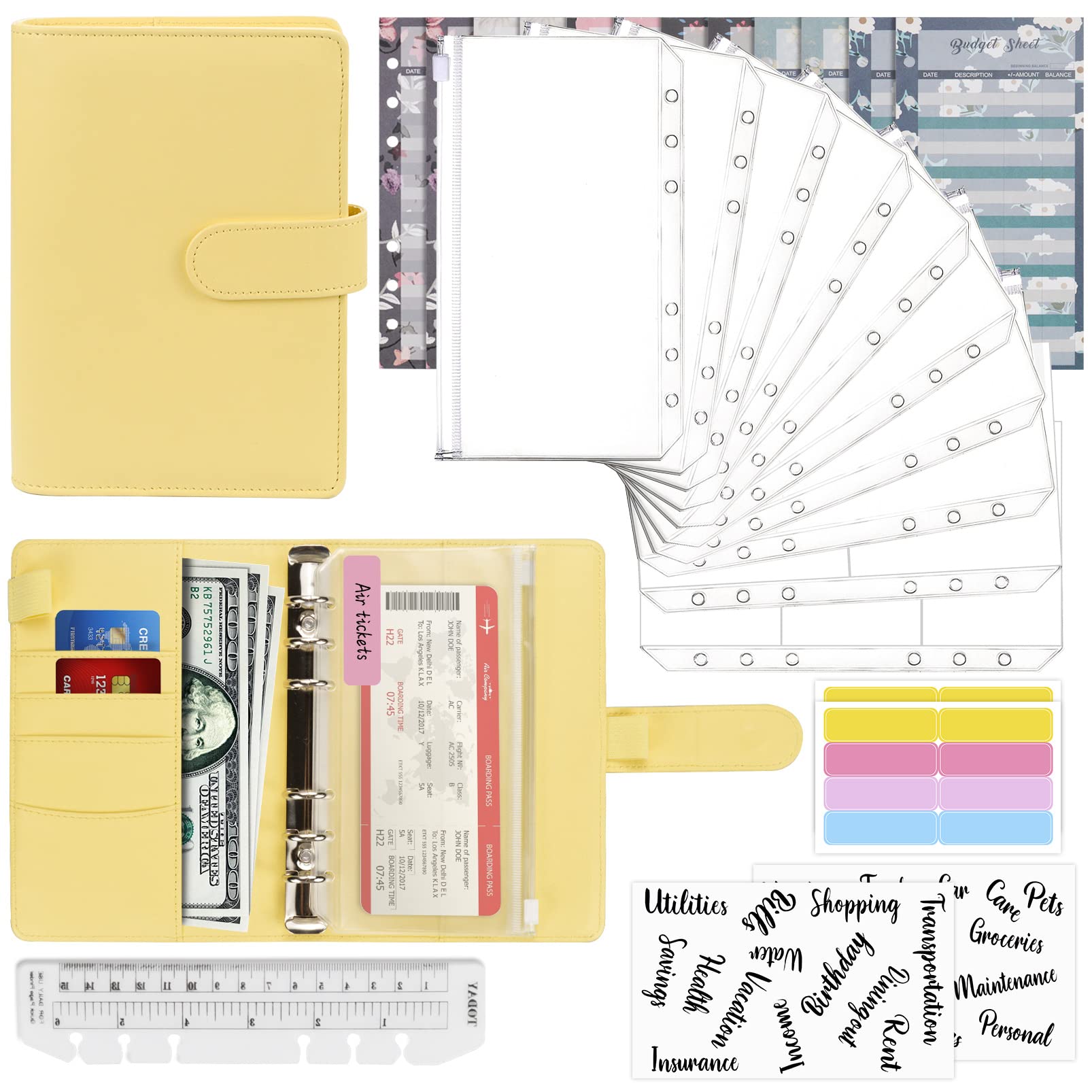 Mlife Budget Binder Set - 28pcs Leather Ring Binder Notebook with Clear Cash Envelopes,Budget Sheets and Label Stickers,Cash Organizer Money Saving Binder for Travel and Diary Yellow