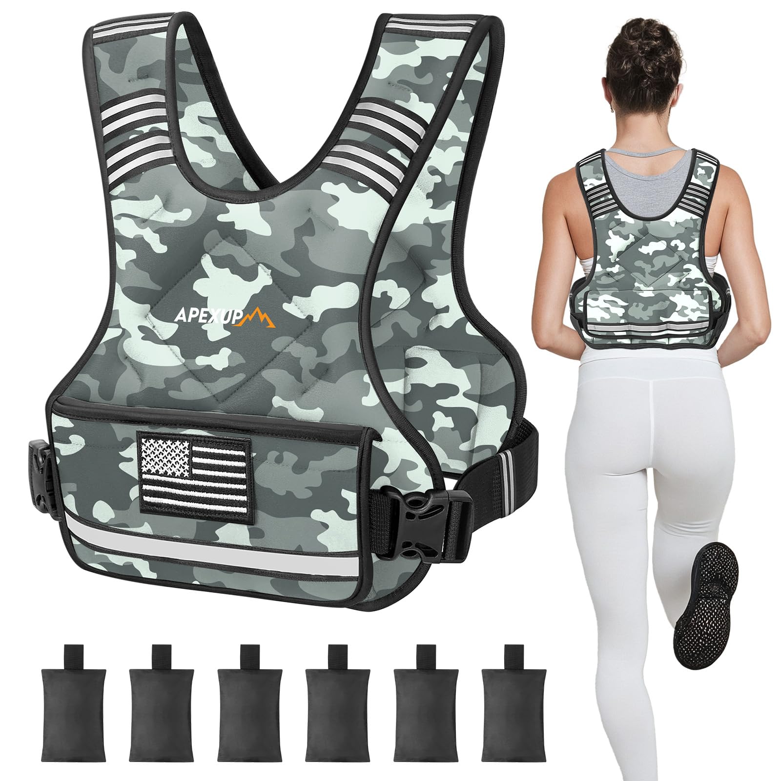 APEXUP Adjustable Weighted Vest, 4-10lb/12-18lb/20-32lb Vest with 6 Ironsand Weights and Large Pocket, Weight Vest for Men Women Strength Training, Running, Walking (20-32lb, Grey Camo) Image