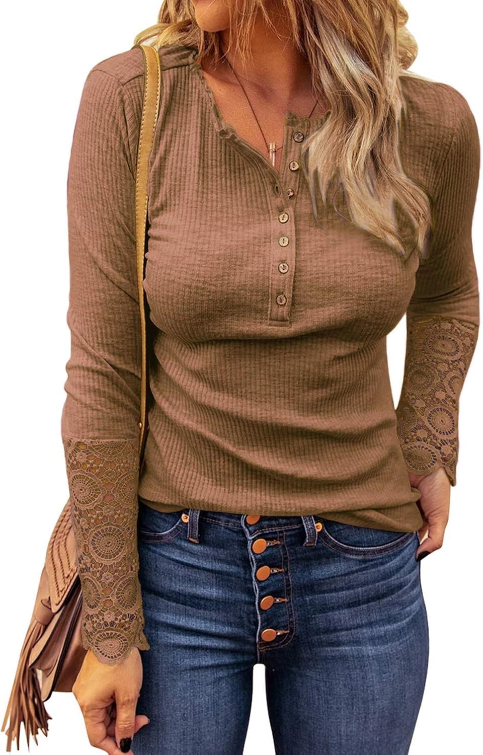WAYMAKER Womens V Neck Henley Shirt Ribbed Lace Long Sleeve Button Down ...