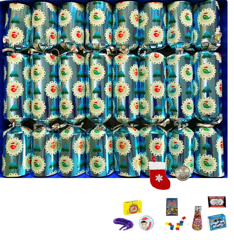 Crackers Ltd Lucky Sixpence Silver Christmas Crackers Ltd Box of 8 Winter Birds Design with a sixpence, keepsake stocking and gift