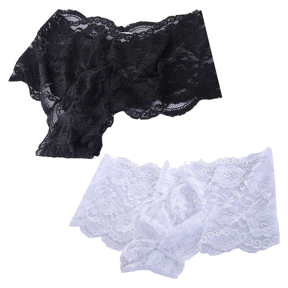 VemeFufu Men's Boxers Briefs Lace Underwear Triangle G-String for Men Thong Mankini UK Hot Funny Bikini Low Rise Stretchy Underpants Lingerie Costume 2 Pack Black & White