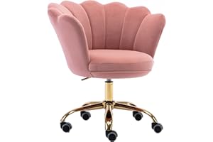 ZOBIDO Comfy Home Office Task Chair with Wheels, Cute Modern Upholstered Velvet Seashell Back Adjustable Swivel Vanity Desk Chair, for Women, for Girls, Living Room, Bedroom, (Pink)