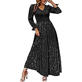 Simplee Womens Long Sleeve Smocked Maxi Dress Tiered V Neck Flowy Fall Wedding Guest Long Dresses with Pockets