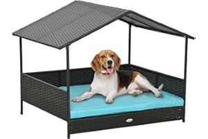 PawHut Rattan Dog House Outdoor with Shade Canopy, Elevated Wicker Dog Bed with Soft Cushion Washable Cover, for Medium Large