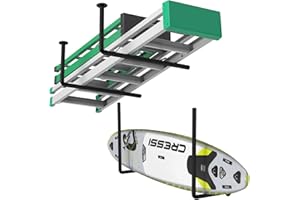 HEOMU Surfboard Wall Mount or Ceiling Rack, Heavy-Duty Overhead Garage Storage Rack with Sponge Pads, Garage Ceiling Storage Racks for Ladder, Surfboard, Snowboard, Paddle Boards, Holds 100 lbs, Black