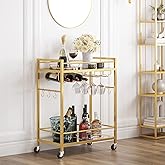 TUTOTAK Bar Cart, Serving Cart for Home, Drink Cart, Mobile Kitchen Shelf with Wine Rack and Glass Holder, Rolling Beverage C