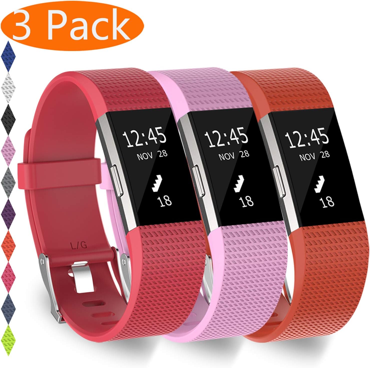 KingAcc Compatible Fitbit Charge 2 Bands, Soft Silicone Replacement Band for Fitbit Charge 2, Metal Buckle Fitness Wristband, 3-Pack Sport Strap for Women Men, Large Small