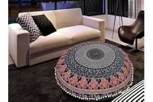 MY DREAM CARTS 32" Peacock Floor Pillow Cover Meditation Bohemian Cushion Seating Throw Mandala Hippie Decorative Indian Large Ottoman Outdoor Home Decor Cases Round Sham Cotton Elephant Animal Pouf (Cover Only)