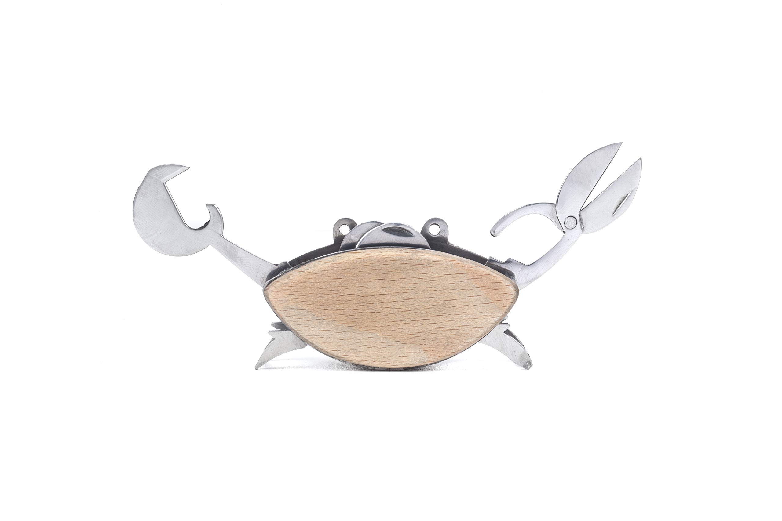 Kikkerland Crab Beechwood Multi-Tool – Mini Scissor, Bottle Opener, Screwdriver, Can Opener, Mini Knife & Rope Saw