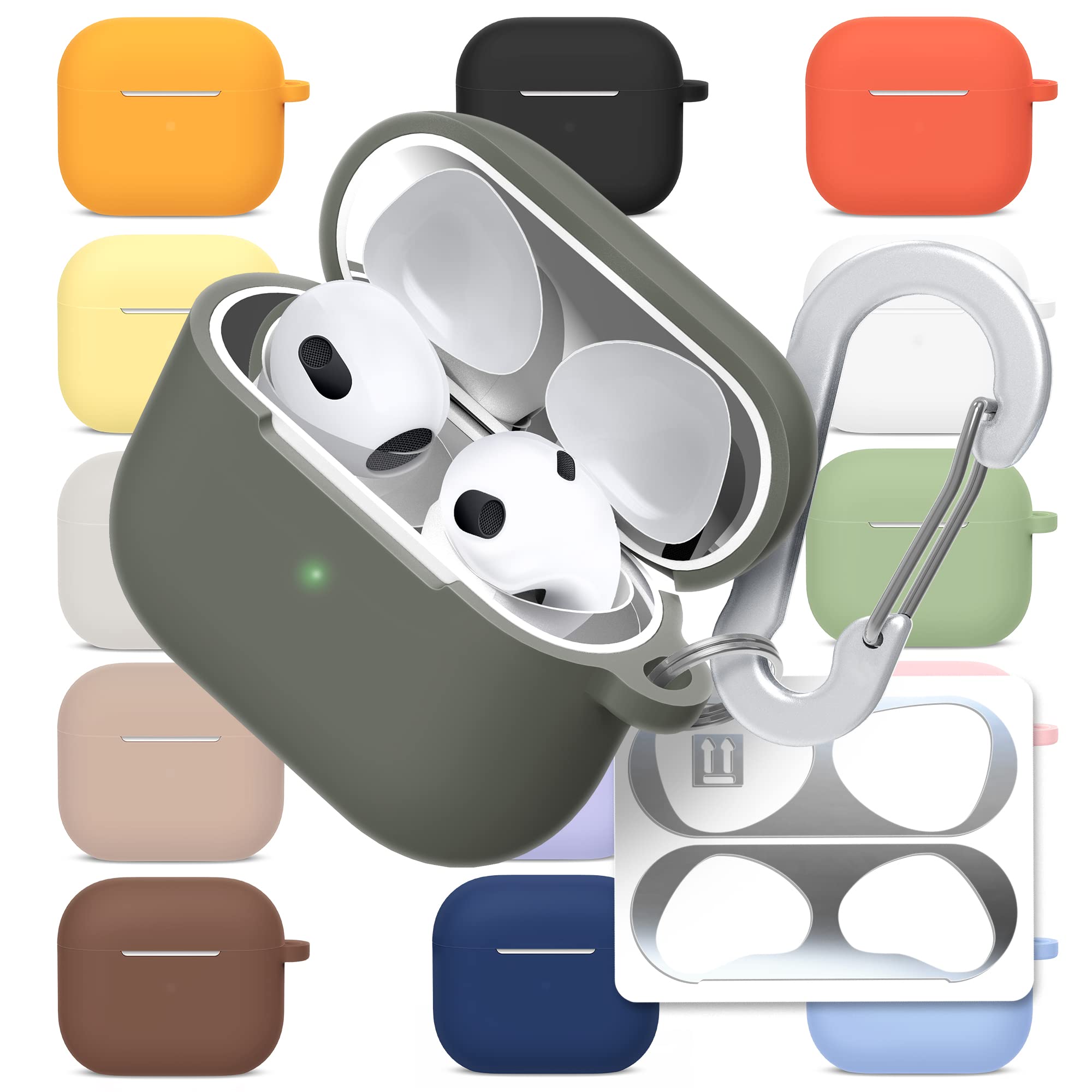 superdivision AirPods 3 & Pro Case Silicon Protective Clear Cover with Anti-Lost Carabiner Keychain Kit Set Dust Guard Dust-Proof Film [Front LED Visible] (AirPods 3, Olive Drab)