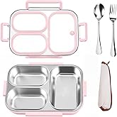 VACAID 25oz Stainless Steel Lunch Kit (Bento Box + Fork/Spoon) - 3 Leakproof Compartments - Food-Grade 18/8 Steel for Kids & Adults - School/Office/Travel Ready - Dishwasher Safe (Pink)