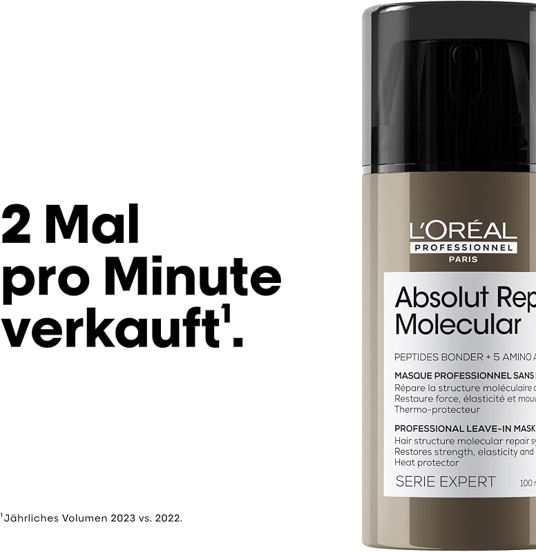 L'Oréal Professionnel Leave-In für strukturgeschädigtes Haar, Zur molekularen Tiefenreparatur, Mit Peptidbondern und 5 Aminosäuren, Hitzeschutz, Serie Expert, Absolut Repair Molecular, 100 ml