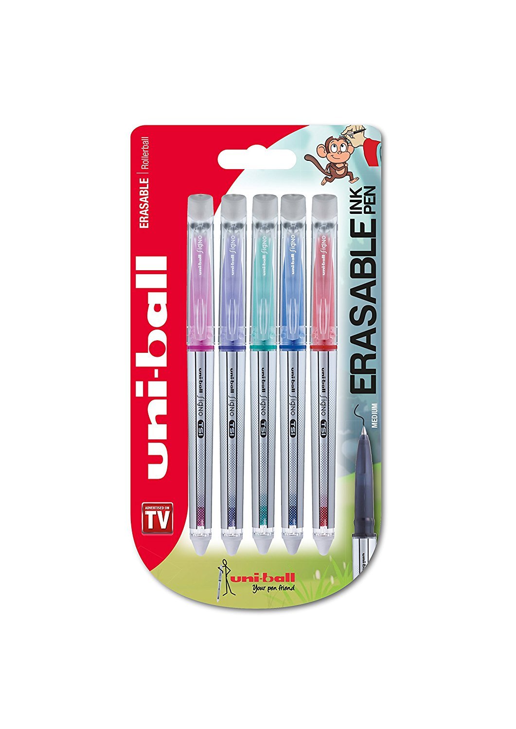uni-ball UF-220 Signo TSI Erasable Rollerball Pens, Red, Sky Blue, Green, Pink, Violet Erasable Ink, Medium Nib, Pack of 5