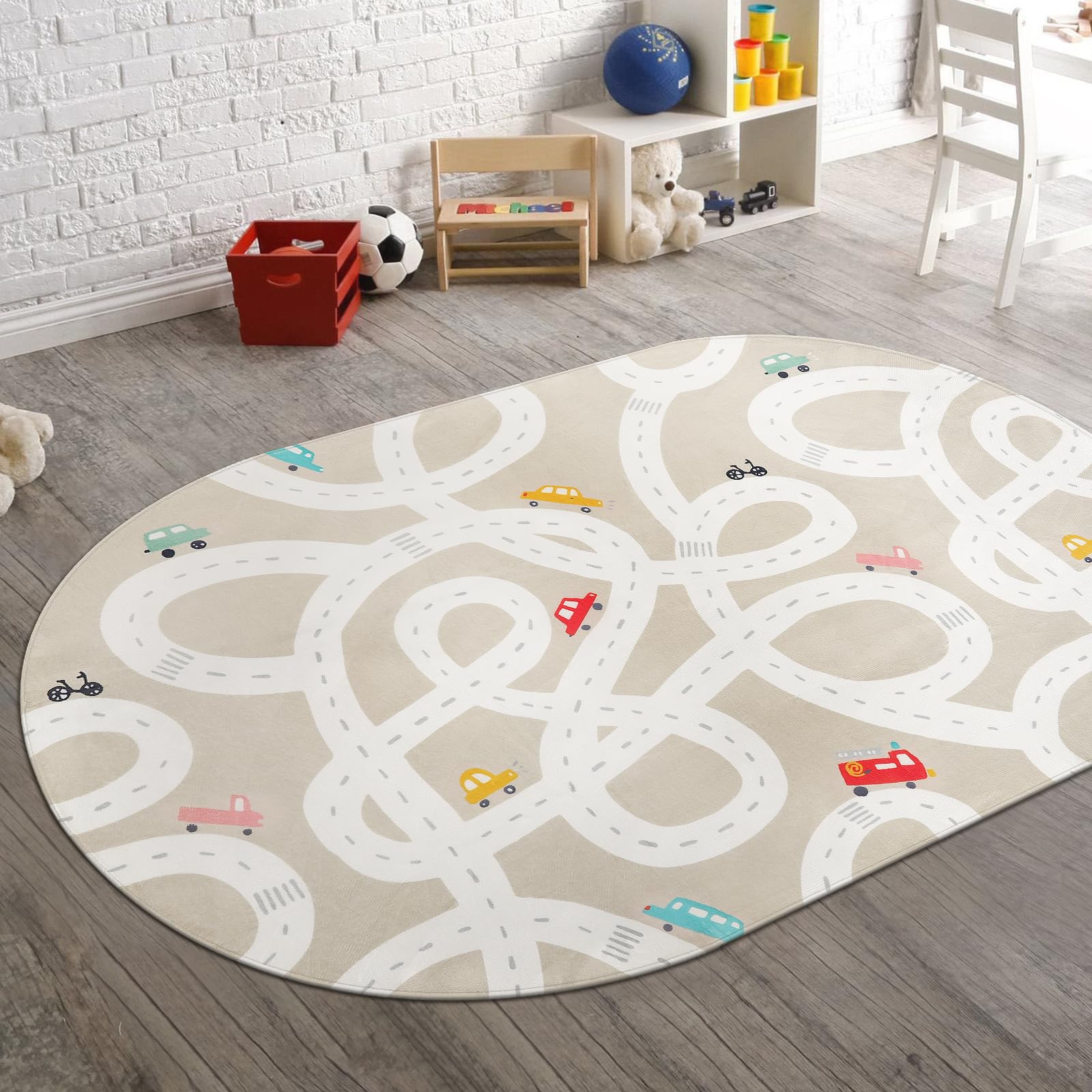 Photo 1 of STARUIA Large Kids Rug for Playroom, 4'x6' Washable Road Rug for Nursery, Non-Slip Car Rugs for Boys Room, Tan Traffic Classroom Rugs Soft Baby Play Mat for Dorm Toy Room Tent