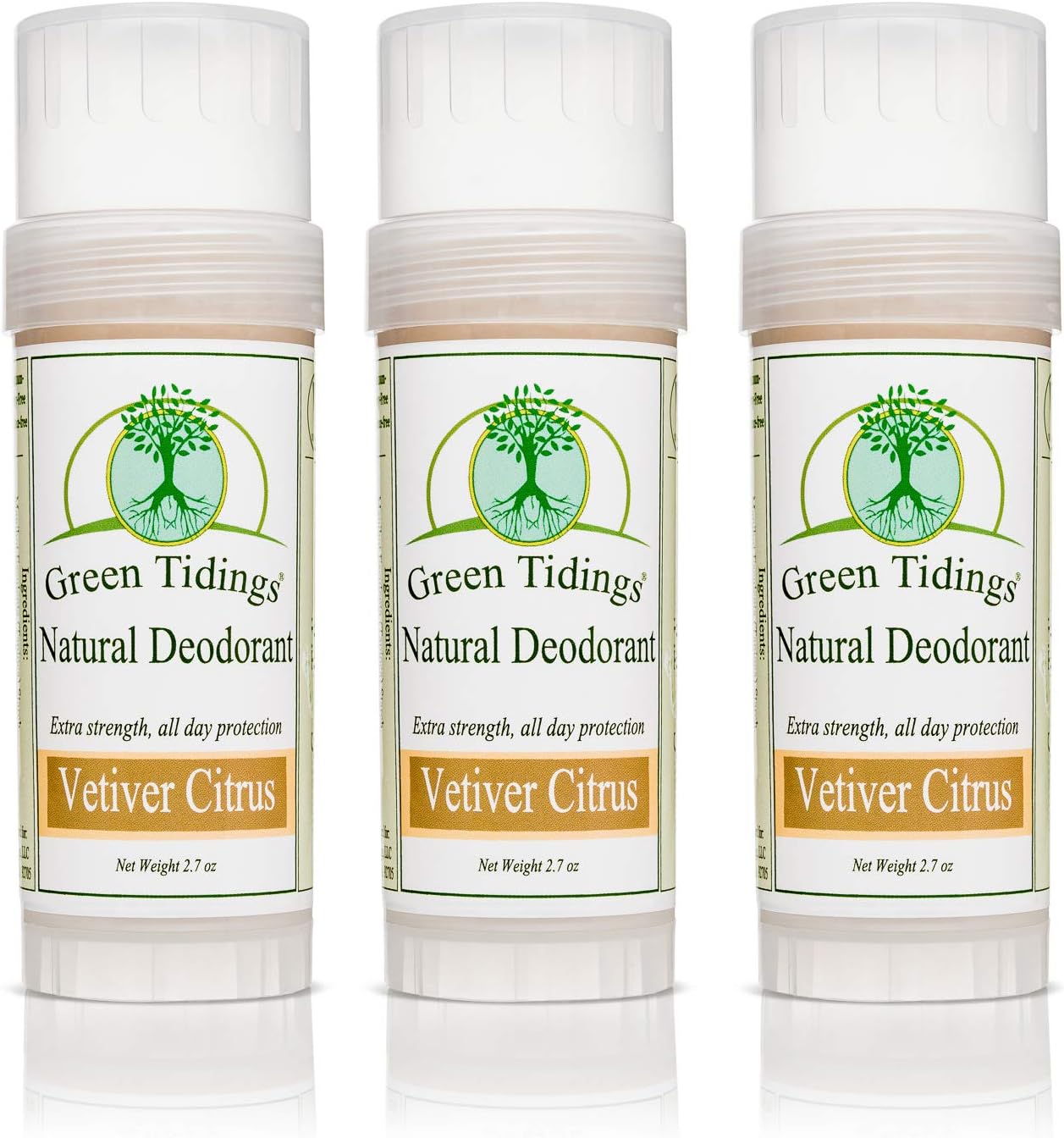Green Tidings Natural Deodorant - Vetiver Citrus 2.7 oz. (3 Pack) - Extra Strength, All Day Protection - Vegan - Cruelty-Free - Aluminum Free - Paraben Free - Non-Toxic - Solid Lotion Bar Tube
