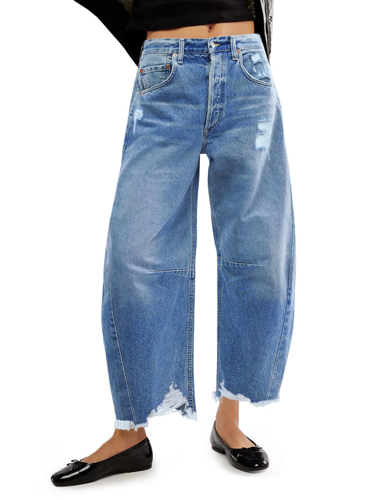 Photo 1 of Allimy Women's Jeans High Waisted Mid Rise Ripped Baggy Loose Fit Ankle Barrel Y2K Boyfriend Horseshoe Raw Hem Wide Leg Jeans for Women Trendy 2024 Denim Capri Pants Women Blue Size 10
