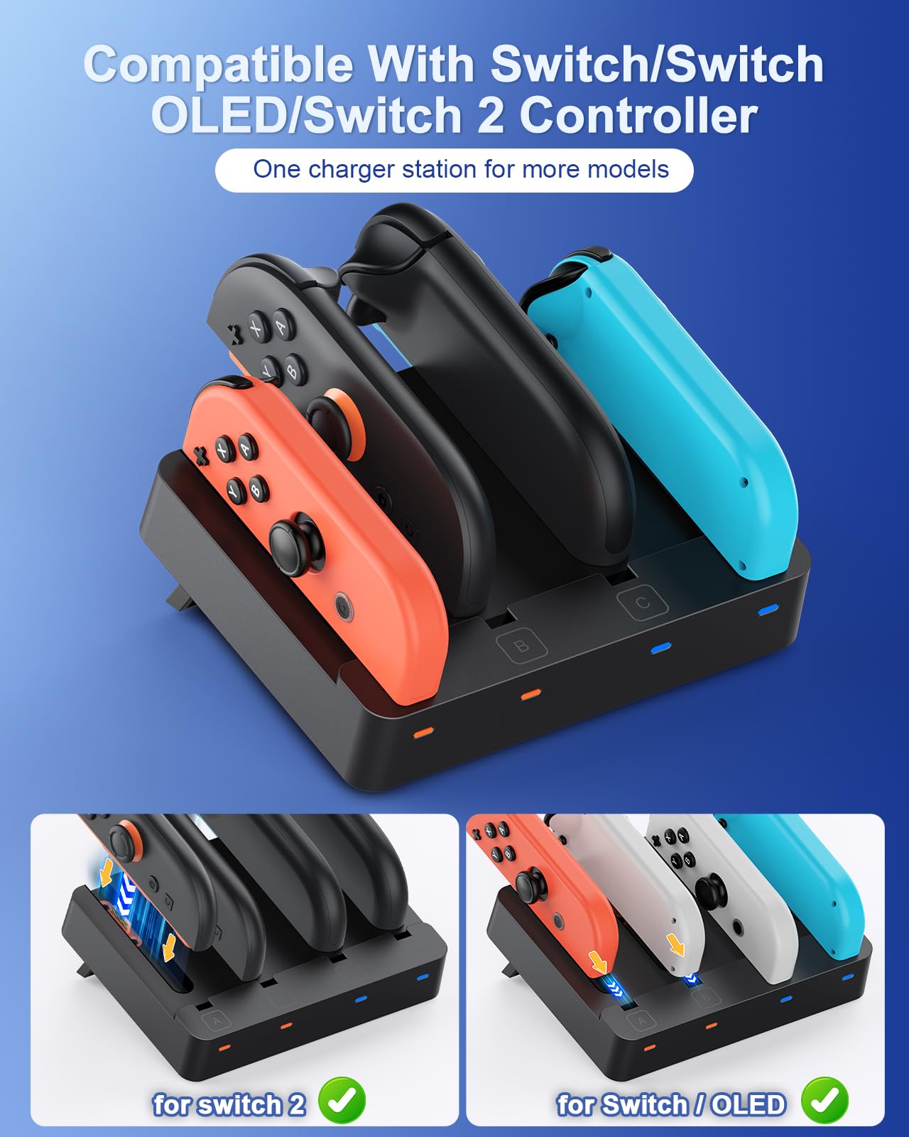 [Fit für Switch 2&1] 8 in 1 Controller Ladestation für Nintendo Switch 2/Switch1/OLED Modell Zubehör, WAXITY Schnelle Magnetische Horizontale Ladegerät für Joy Con 2 & für Joycon 1 mit USB Ladekabel 2