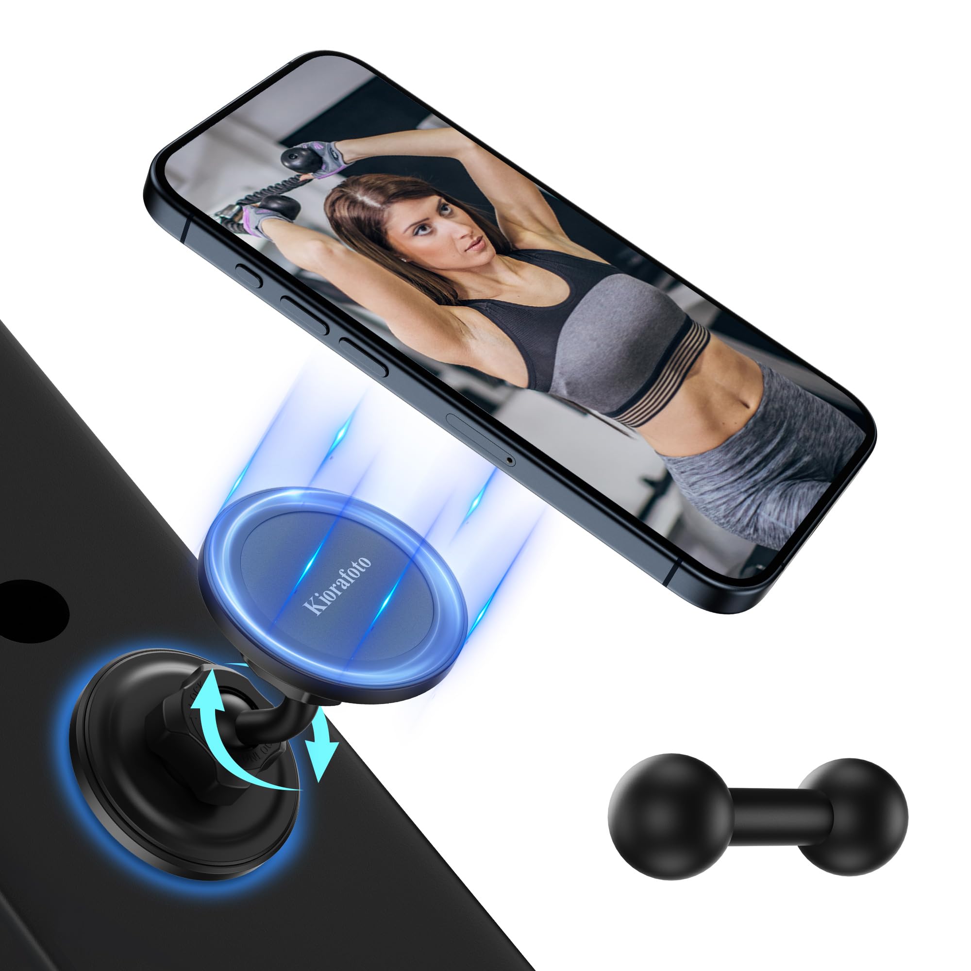 Gym Magnetic Phone Holder for MagSafe, Dual Magnetic Phone Mount Gym Phone Holder Magnet with Double Ball Head Locking Angle Compatible with iPhone 17 16 15 14 13 12 Pro Max,Mag-Safe Case & All Phones