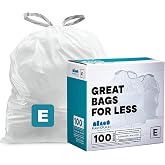 Plasticplace Custom Fit Trash Bags, Compatible with simplehuman Code E (100 Count) White Drawstring Garbage Liners 5.2 Gallon / 20 Liter, 18.5" x 20"