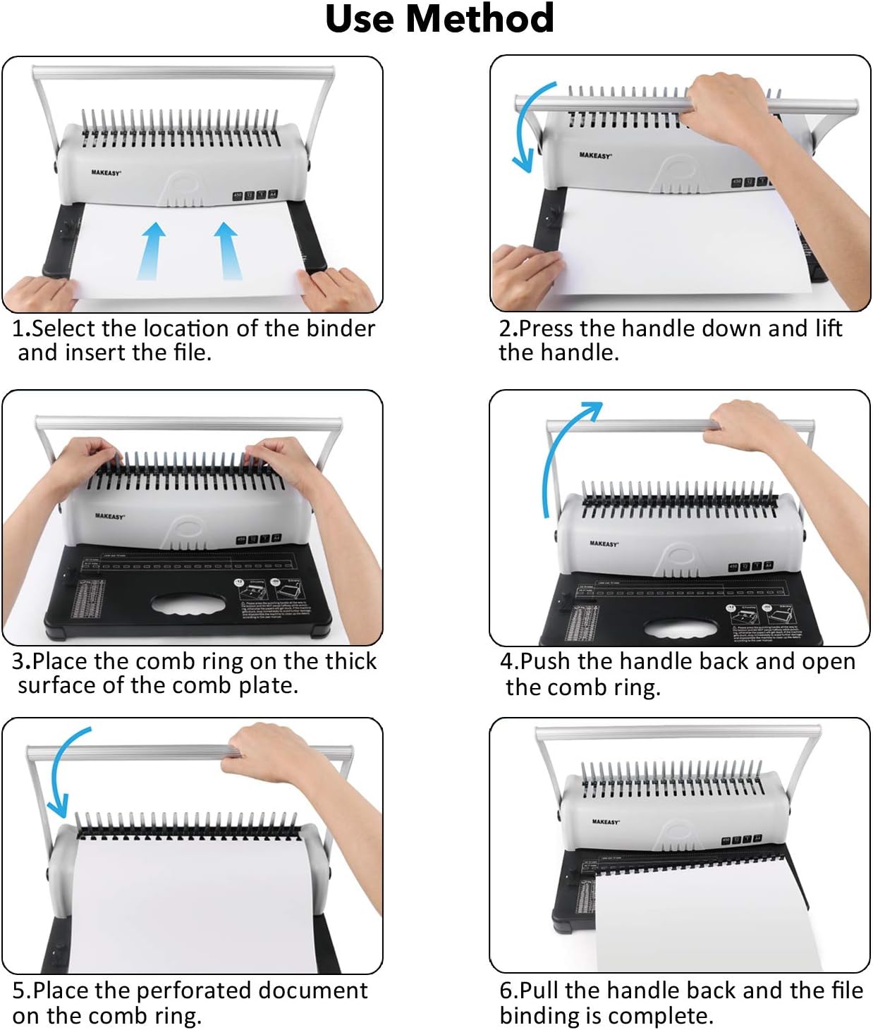 MAKEASY Binding Machine, 21-Hole, 450 Sheet, Paper Punch Binder with Starter Kit 100 PCS 3/8'' PVC Comb Bindings, Comb Binding Machine for A4 / A5 : Office Products