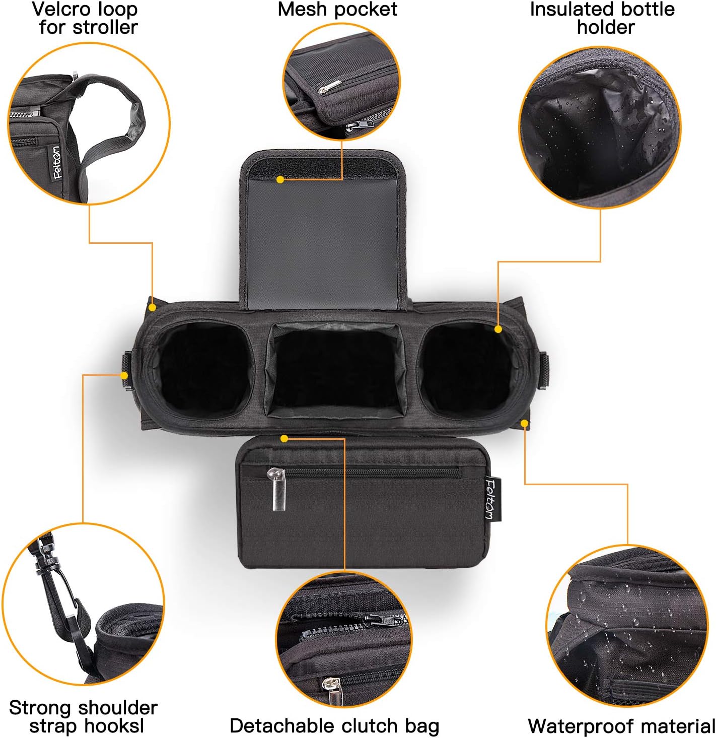 Feltom Baby Stroller Organizer, Universal Stroller Storage Bag with Cup Holders Waterproof and Detachable Phone Bag and Shoulder Strap, Stroller Accessories for Carrying Diaper, Phone, Toys and Snacks: Home Improvement