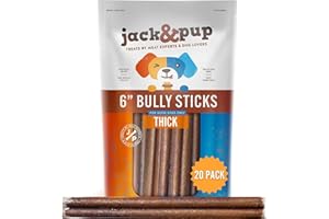 Jack&Pup 6-inch Bully Sticks for Large Dogs (20 Pack) All Natural Thick Bully Sticks for Dogs, Single Ingredient Long Lasting Pizzle Sticks