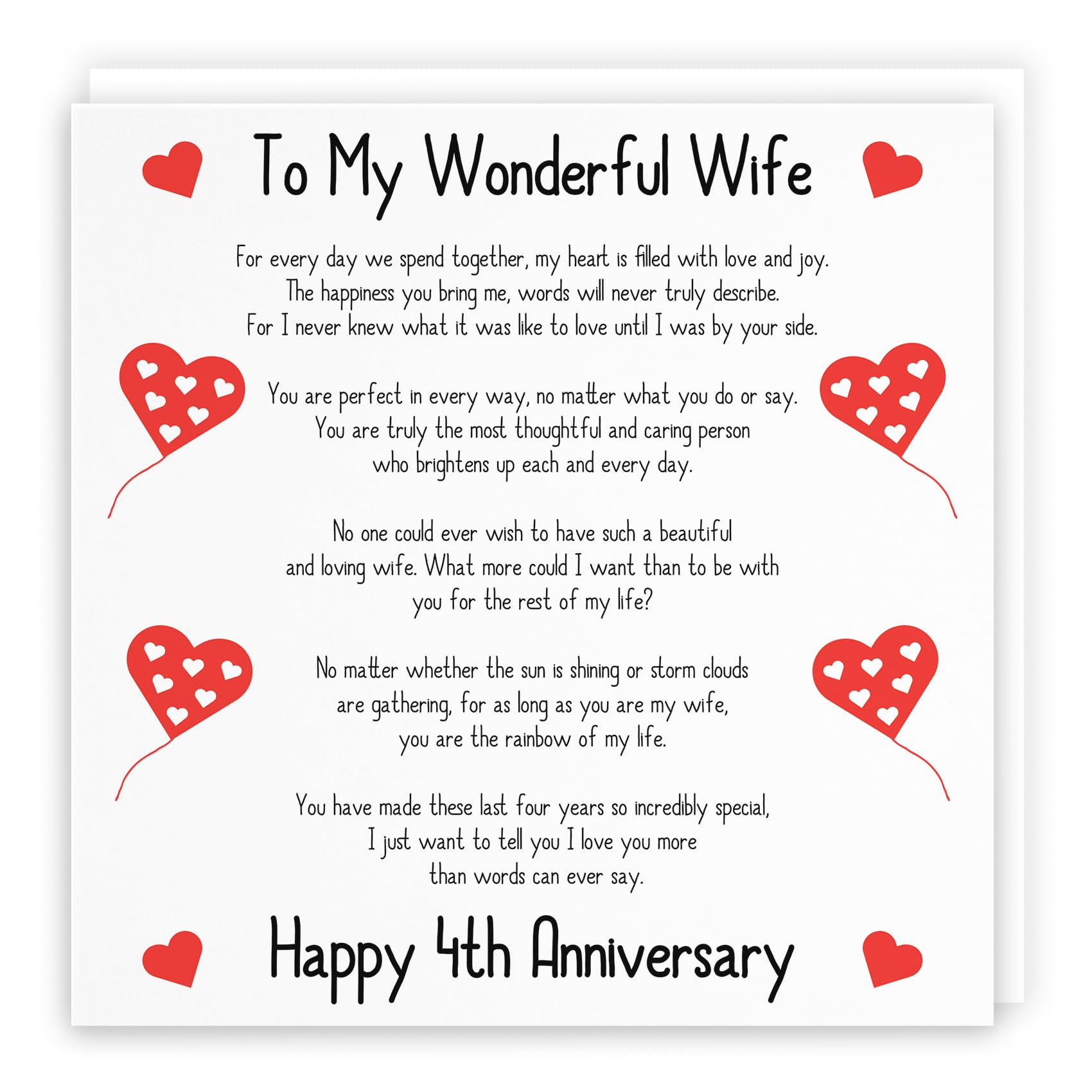Hunts England - Romantic Wife 4th Wedding Anniversary Love Verse Card - To My Wonderful Wife - Happy 4th Anniversary - Romantic Verses Collection - Poem Card — image 1