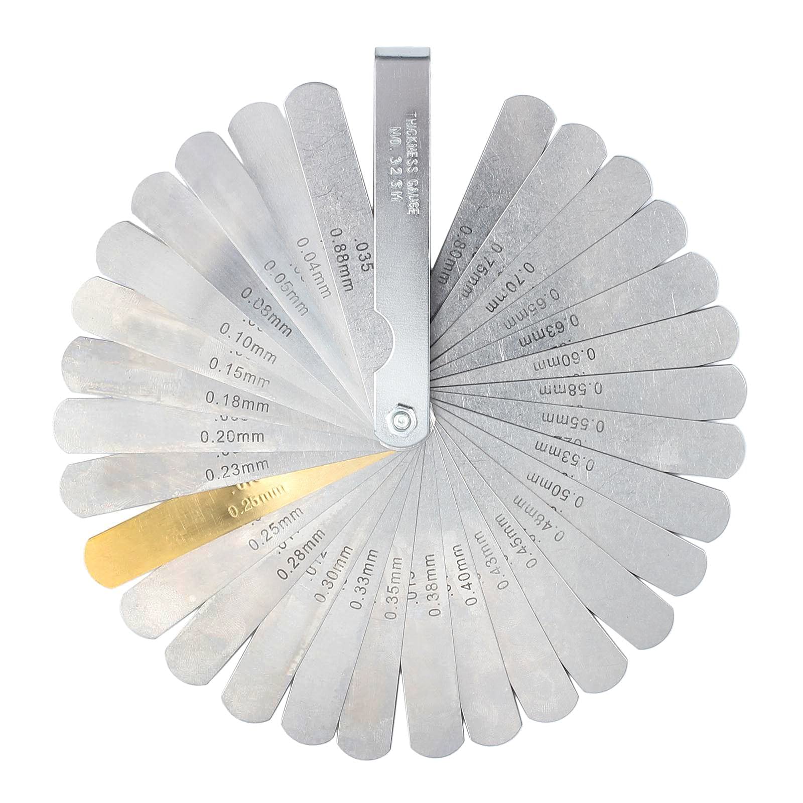 CAMWAY 32PCS Blades Steel Feeler Gauge 0.0015 - 0.035 inch/ 0.04 - 0.88mm Dual Marked Metric and Imperial Gap Measuring Tool