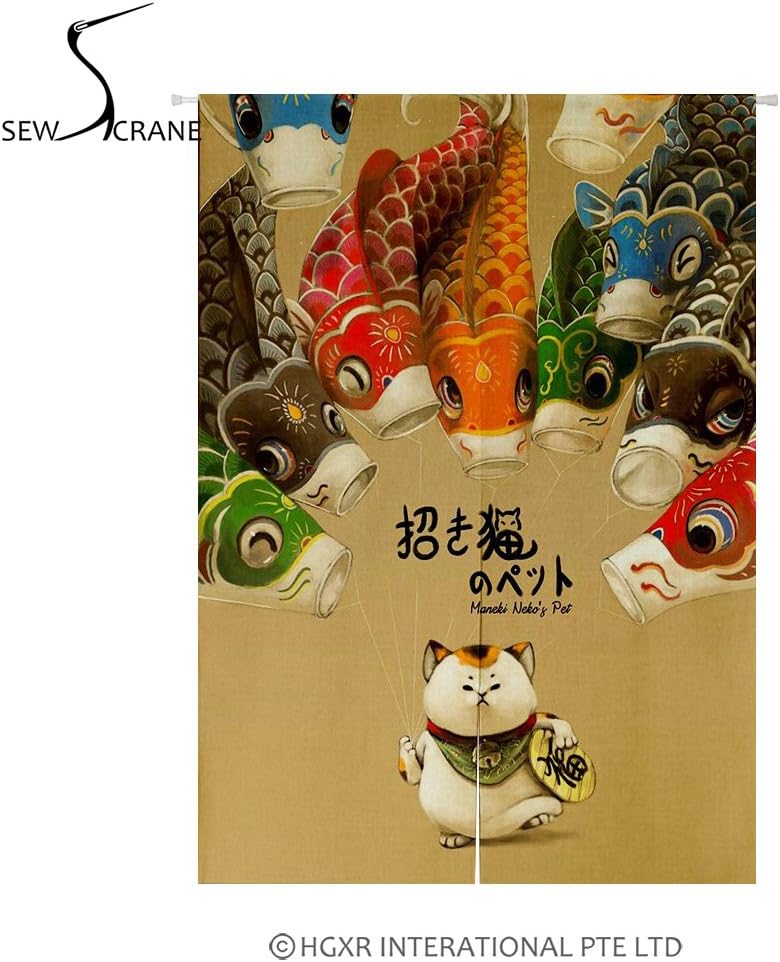 SewCrane Japanese Luck Cat with Fish Home Restaurant Door Curtain Noren Doorway Room Divider, 33.4" x 47.2"