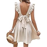 CUPSHE Women's Mini Dresses V Neck Flutter Sleeve Self Tie Back Cotton A Line Short Summer Dress Beige, L