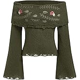 BEAUDRM Women's Y2K Off The Shoulder Sweater Cottage Core Vintage Sweater Distressed Long Bell Sleeve Mushroom Knit Pullover