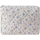 uekeboag Quilted Cotton Makeup Bag,Coquette Quilted Toiletry Bag for Women and Girls,Floral Coquette Pouch,Cute Kawaii Travel Cosmetic Bags(Demin Blue)