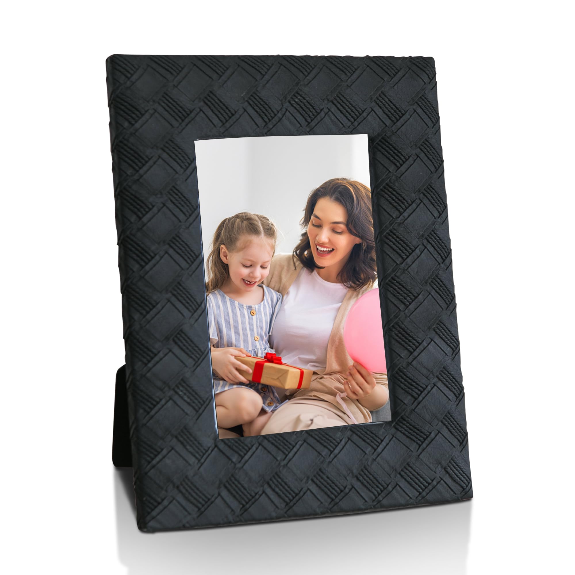 Photo 1 of Kimdio Picture Frame 5X7 Leather Photo Frames with Texture - High Definition Glass for Table Top Display and Wall Mount Photo Frame for Wedding or Home Decoration (Black picture frame)
